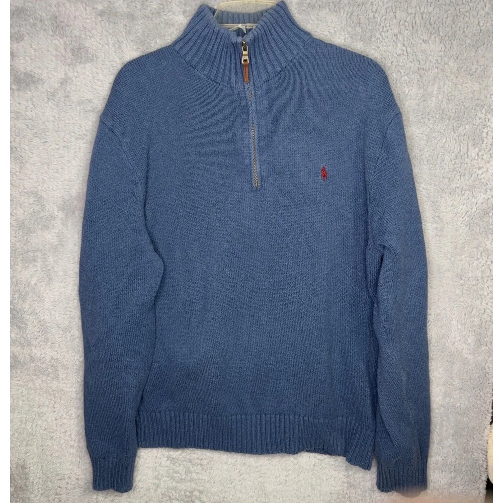 Polo Ralph Lauren Mens XL Blue Cotton Quarter Zip‎ Mock Neck Sweater Red Pony